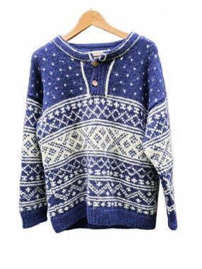 VTG Yeti Hand Knitted 100% Wool Chunky Sweater Medium Blue/Cream Nepalese Med
